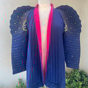 Vintage avant-garde duster jacket accordion style shoulders beaded silk blue red Small 