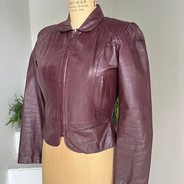 1970s Zip Front Nipped Waist Burgundy Leather Jacket 34 Bust Vintage 70s Fashion 70s Cropped Leather Jacket 
