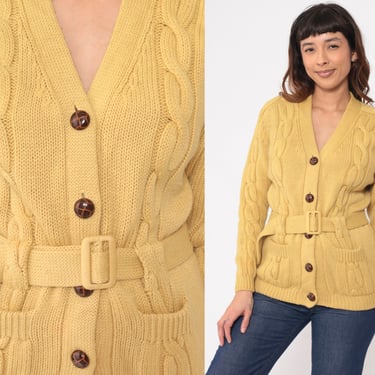70s Cable Knit Cardigan Muted Mustard Yellow Belted Sweater Boho Hippie Button Up Grandpa V Neck 1970s Vintage Bohemian Cableknit Medium 