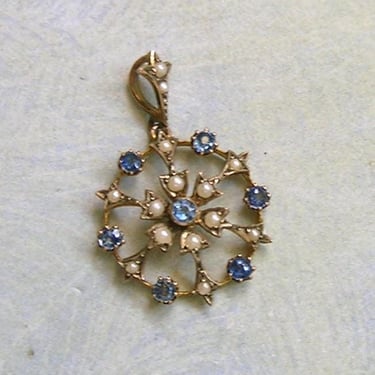 Antique 10K Gold, Pearl and Sapphire Edwardian Lavaliere Pendant, Antique 10k Gold Pendant, Bridal Jewelry  (#4572) 