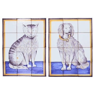 Pair of Dutch Delft Tile Panels of a Cat and Dog