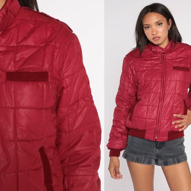 Burgundy Puffer Jacket 80s Quilted Ski Jacket Insulated Zip Up Bomber Retro Puffy Coat Cozy Plain Winter Skiwear Red Vintage 1980s Small S 