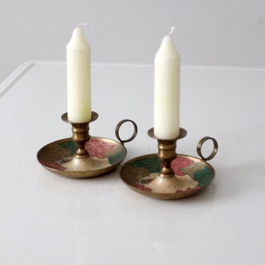 vintage enamel brass candlestick holder pair 