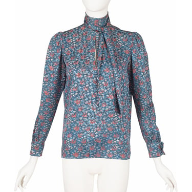 Yves Saint Laurent Haute Couture 1980s Vintage Printed Silk Jacquard Tie-Neck Long Sleeve Blouse Sz S M 