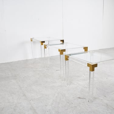 Nest of brass and lucite tables, 1970s - brass and lucite nesting tables - brass side tables - hollis jones tables - french brass tables 