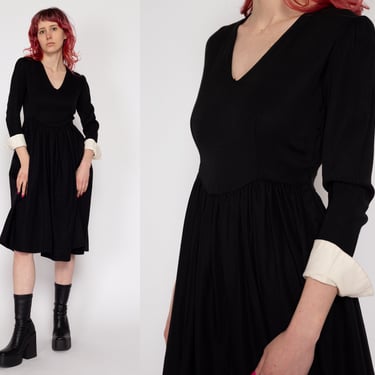 Petite XS 1940s Black & White Gothic Fit Flare Midi Dress | Vintage 40s Cuffed 3/4 Sleeve V Neck Wednesday Addams Dress 