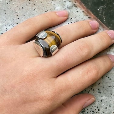Handmade Womens Sterling Silver .925 Tigers Eye Brutalist Abstract Ring Sz 6 