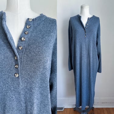 Vintage 1980s Gray Ribbed Henley Dress / L-XL 