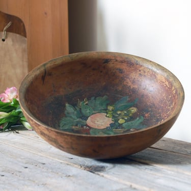 Hand painted wooden bowl / vintage bowl /  turned wood bowl with painted flowers / rustic wood bowl / farmhouse decor / cottagecore 