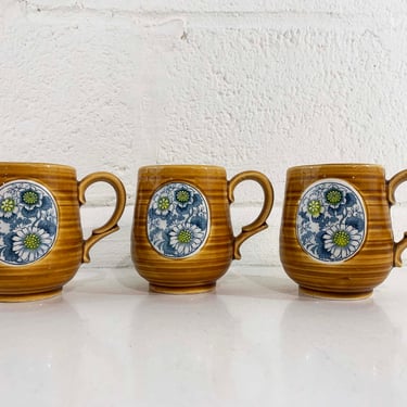 Vintage Set of 3 Mugs Blue Floral Brown Flower Power Style Mid Century Kitsch Cute Kawaii Retro 1970s 