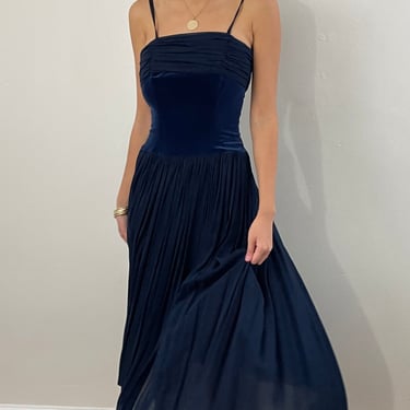 vintage Laura Ashley dress / 80s midnight blue velvet + silk chiffon strapless or spaghetti strap cocktail wedding guest midi maxi dress | S 