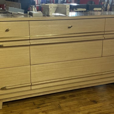 9 Drawer Beige Striped Dresser w Gold Accents