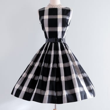 Vintage 1960's Black & White Plaid Taffeta Party Dress by Burt Stanley / S