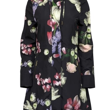 Ted Baker - Black w/ Multicolor Floral Print Parka Jacket Sz 4