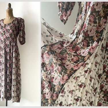 Vintage ‘80s ‘90s floral print rayon dress | Paris Sport Club, India dress, romantic flowy dress, boho, cottage core dress, M 