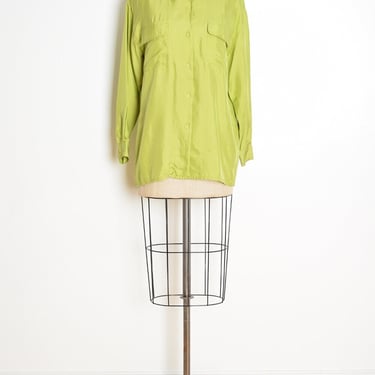 vintage 90s top lime green silk button up shirt blouse long sleeve over sized clothing 