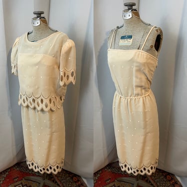 Blush Ivory Embroidered Dress 80s vintage Alt Bride Wedding Gown S 