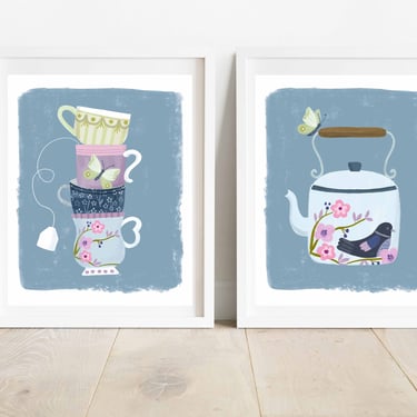 Set of 2 8 X 10 Tea Illustrations/ Chinoiserie Teapot and Tea Cups Art Prints/ Pastel Blue Kitchen Wall Decor/ Birds and Flowers Tea Set Art 