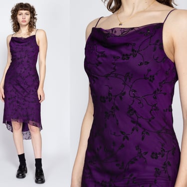 Medium 90s Purple Floral Cowl Neck Party Dress | Vintage Spaghetti Strap High Low Hem Midi Slip Dress 