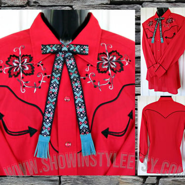 H Bar C, California Ranchwear Vintage Western Men's Cowboy Shirt, Bright Red, Embroidered Floral Design, 18-34, XX:arge (see meas. photo) 