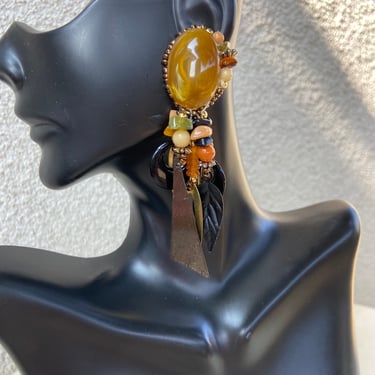 Vintage dangle 3.5” multi beads earrings earth tone colors pierced 