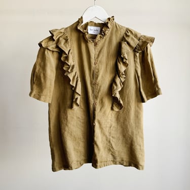 Olive Linen Ruffled Blouse