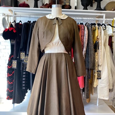 vintage 1950s suzy perette 3 piece dress set, brown and cream silk, fit and flare, 50s designer fashion, small, mrs maisel, 27 