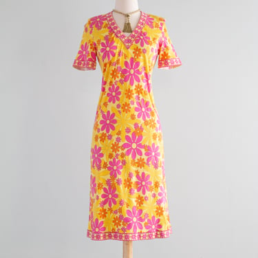Adorable Vintage Flower Power Cotton Jersey Dress By Italian Designer Bessi / Medium