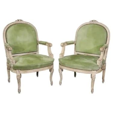 Fine Pair Antique White Paint Decorated French Louis XV Large Scale Armchairs