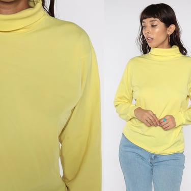 Yellow Turtleneck Shirt 80s Top Long Sleeve 1980s Funnel Neck Turtle Neck Nylon Top Vintage Plain Basic Medium Large 