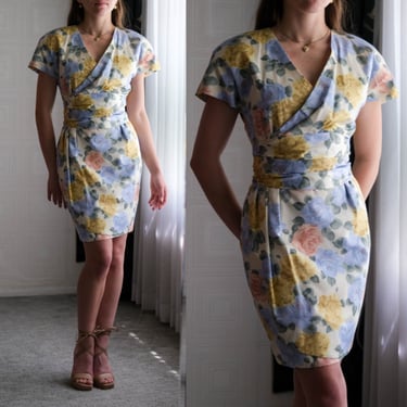 Vintage 80s Miss Torrente French Floral Pastel Wrap Dress w/ Matching Cummerbund Belt | Made in France | 100% Cotton | 1980s Designer Dress 
