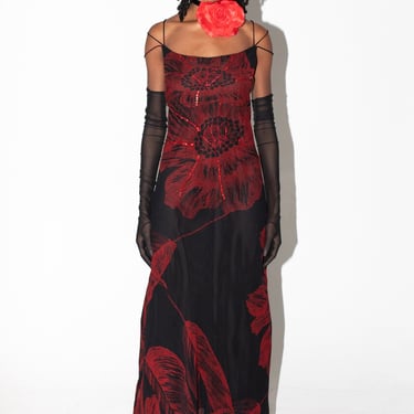 1990s Red Floral Sequin Gown