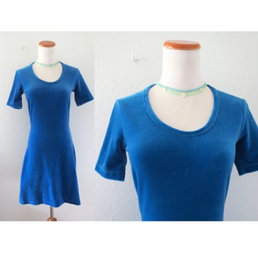 Blue Velvet Mini Dress Vintage 90s Scoop Neck Skater Party Dress - Size Medium 