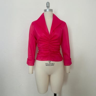 2000s Hot Pink Taffeta Blouse by Tadashi, Extra Small to Small | Y2k Pink Collared, Gathered Bust Top (XS, S, 34-28) 