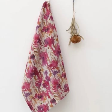 Linen Kitchen Towel | Natural Fuschia Flowers