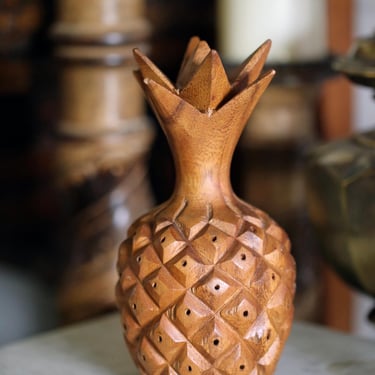 Vintage Hand Carved Wood Pineapple | Tropical Boho Home Decor | Solid Wood Accent | 8” Tall Tiki Style Fruit Sculpture 
