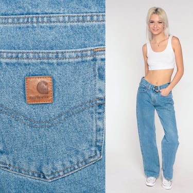 90s Carhartt Jeans -- 90s Mom Jeans High Waisted Straight Leg Jeans Denim Pants Workwear Jeans Blue Vintage Work Wear Small 28 x 32 