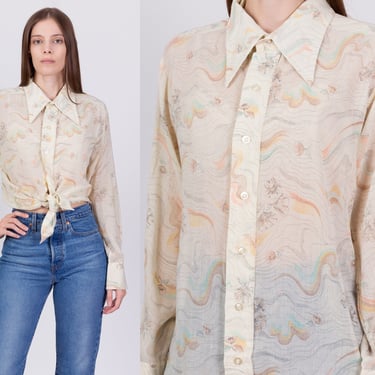 L-XL| 70s Novelty Print Topographic Floral Shirt - Men's Large, Women's XL | Vintage Waves Long Sleeve Collared Button Up Top 