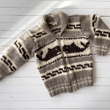 wool cowichan sweater | 70s vintage authentic Cowichan whale pattern intarsia zip up cardigan 