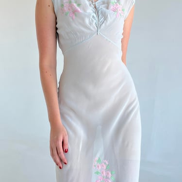 1940's  Pale Blue Silk Chiffon Slip Dress with Floral Bouquet Embroidery