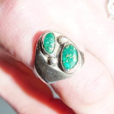 Men's Native American Green Turquoise Ring, Solid Sterling Silver Two-Stone Cabochon Ring, Old Pawn, Size 11 US 