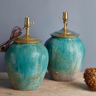 Pair of Early Blue Green Storage Jars from Island of Borneo Converted into Lamps