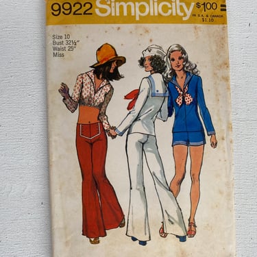 70's Vintage Simplicity 9922, Size 10, UNCUT, Hip-Hugger Shorts, Bell-Bottom Pants, Sailor Collar Top, Midriff Top 