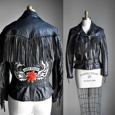 80s Black Leather Fringe Motorcycle Jacket 