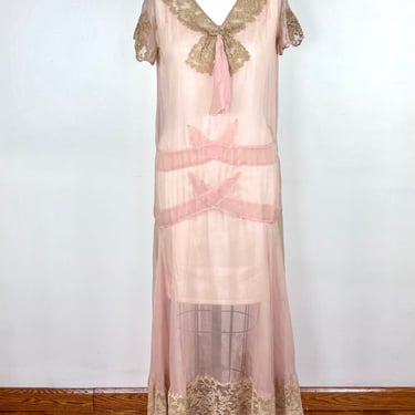 Vintage 20s Pink Silk Dress Lace / 1920s Drop Waist 30s 1930s Slip Dress Nightgown Lingerie Negligee Pin Up Pinup VLV Small XS Peignoir 