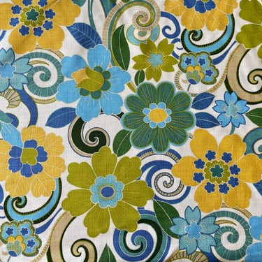 Vintage Mill Creek Fabrics - Floral Screen Print - Yellow Blues Greens - Cream Background - Decorator Fabric 