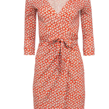 Diane von Furstenberg - Orange Printed Silk Cropped Sleeve Wrap Dress Sz 2
