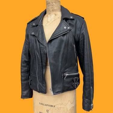 Vintage Leather Moto Jacket Retro 1970s London Collection + NO SIZE + Genuine Leather + Motorcycle + Black + Cold Weather + Unisex Apparel 