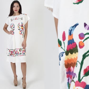 Soft White Hand Embroidered Mexican Birds Caftan Dress M 