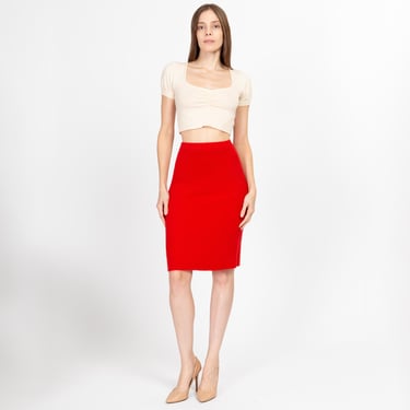 Small 90s Tommy Hilfiger Red Angora Knit Pencil Skirt | Vintage High Waisted Soft Ribbed Bodycon Skirt 